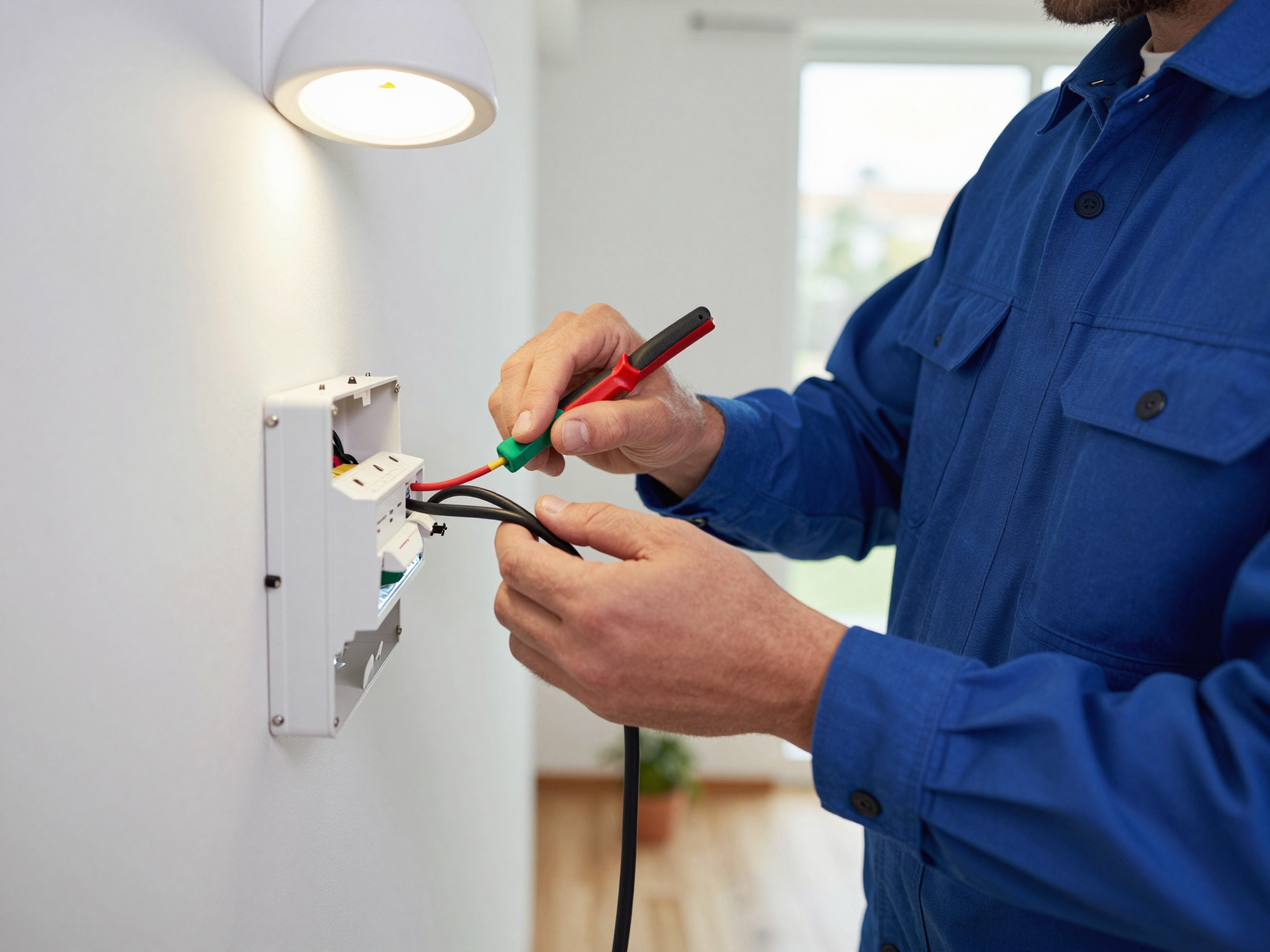 Electrician installing residential wiring and lighting fixtures